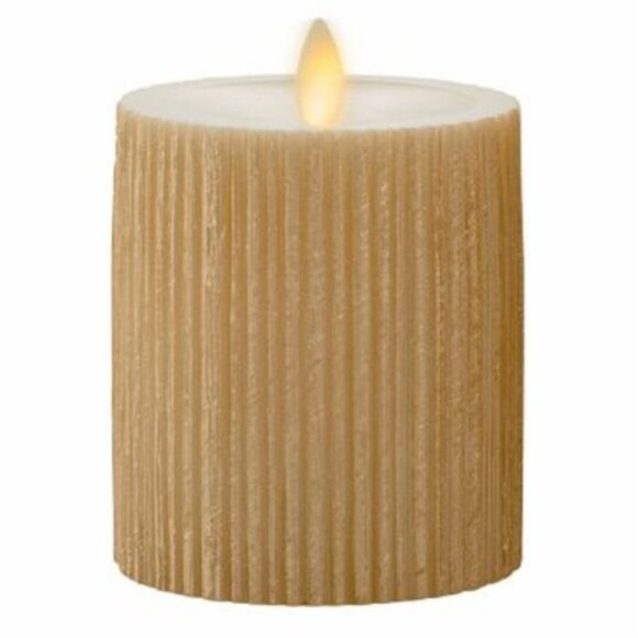 NIB LUMINARA PILLAR CANDLE 4.5" X 3.25"  GOLD RIBBED PEARL IVORY LED FLICKER - Picture 1 of 2
